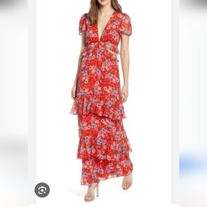 Wayf Tiered Floral Red Blue Maxi Dress Cut Outs Ruffles Medium EUC